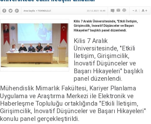 Kilis 7 Aralık Üniversitesi Elektronik ve Haberleşme Topluluğu ile Yapılan Panel Basına Yer Aldı